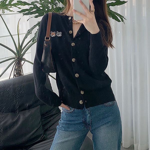 

rowling embroidery couple head wool knit cardigans o-ne long sleeve buttons female sweater casual cozy ladies 2021, Black