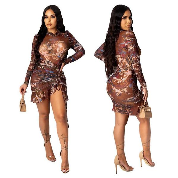 

aesthetic print women party dresses stacked long sleeve strap drawstring ruched clubwear bodycon ruffles mini dress casual, Black;gray