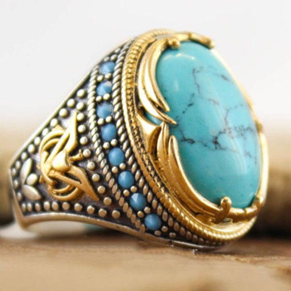 

wedding rings bohemian large oval natural stone for women men vintage metal two-color blue beads turquoises finger party jewelry, Slivery;golden