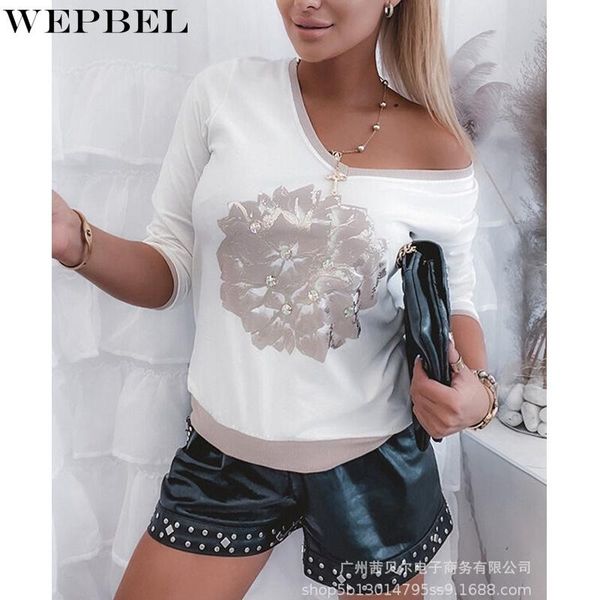 

women's t-shirt wepbel autumn loose fashion printed pullover casual long sleeve v-neck top, White