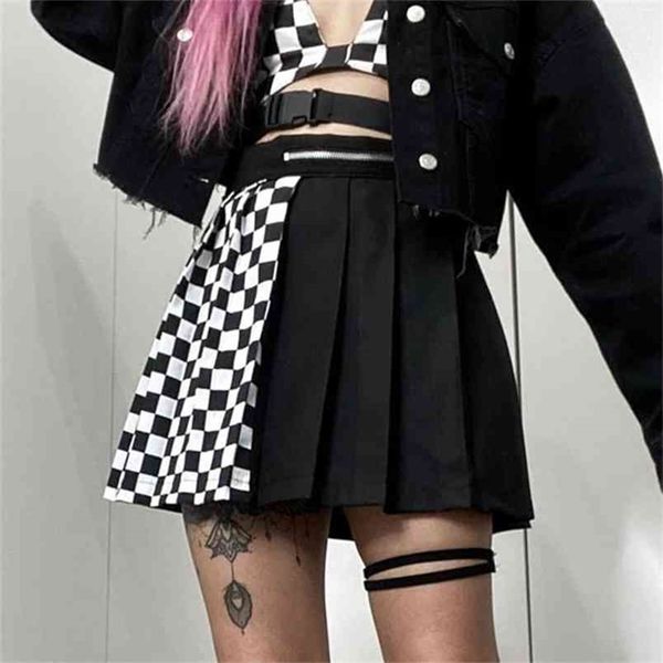 

suchcute gothic high waist women pleated mini skirt patchwork ribbons a-line skirts streetwear solid female party outfits 210619, Black