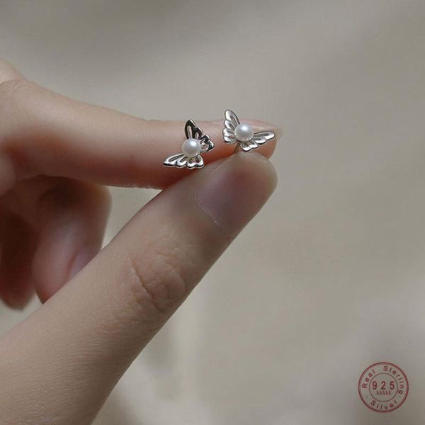 

sterling silver simple three-dimensional butterfly pearl stud earrings women classic temperament party wedding jewelry gift, Golden;silver
