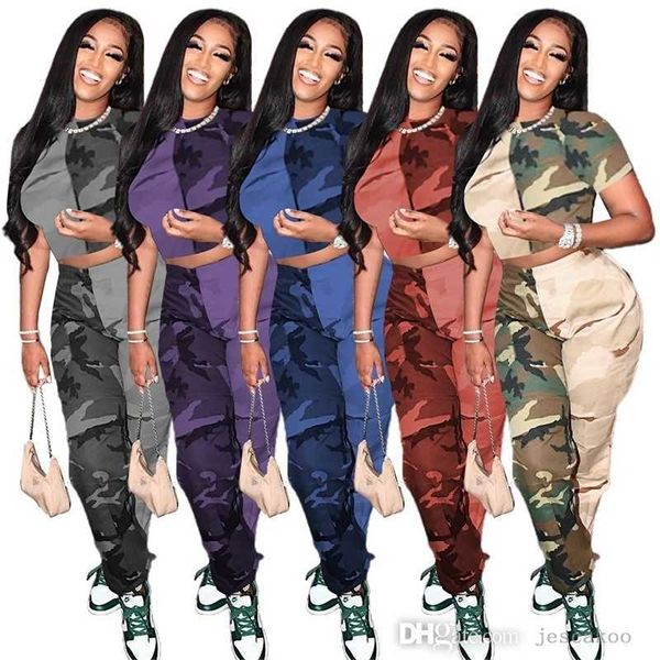 

ladies two pieces pants set women designer clothes 2022 camouflage printed stitching short sleeve crop trousers outfits, White