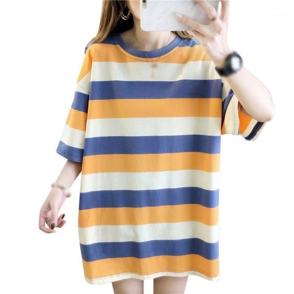

women's summer dress women striped loose round neck student simple couple mid-length short-sleeved t-shirt, White
