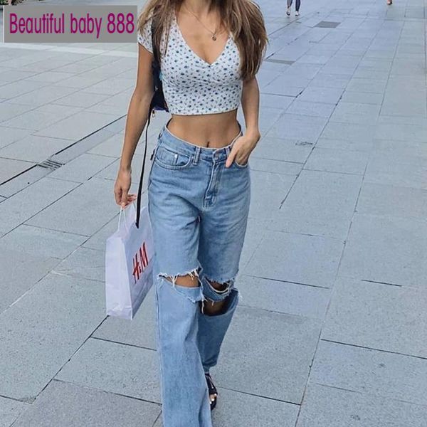 

women's jeans meqeiss ripped casual street wear women denim pants mujer high waist was thin straight 2021 basic hip hop trousers, Blue