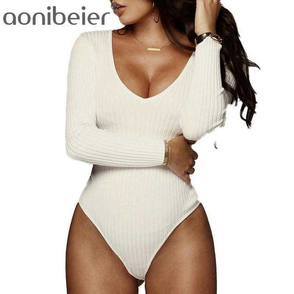 Aonobeier Profondo scollo a V Body Donna Skinny Body Suit Manica lunga Autunno Sexy Plunge lavorato a maglia Tuta Pagliaccetti 210604