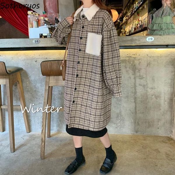 

women's wool & blends women plaid sashes single breast puff sleeve womens overcoat lovely ulzzang fashion retro elegant korean style lo, Black