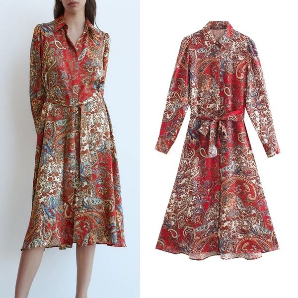 

za dress women vintage printed midi dress ladies fashion tied belt long sleeve lapel collar button-up elegant shirt dresses 210319, Black;gray
