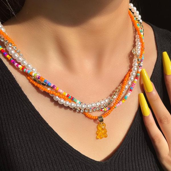 

chains 4pcs/set korean fashion gummy bear multilayer beads necklace for women bohemian string bead clavicle choker jewelry gift, Silver