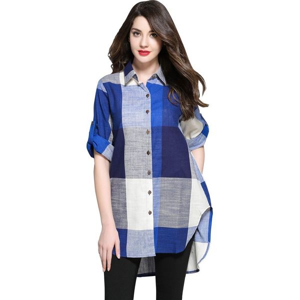 

plus size dresses hy6804# casual cotton hemp lapel long loose plaid shirt top