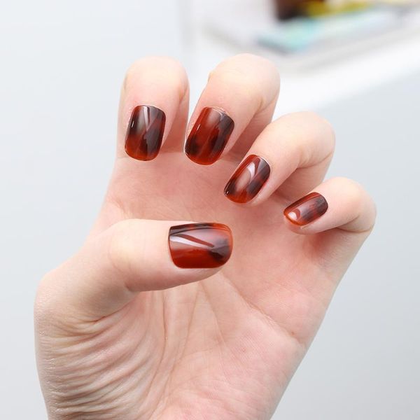 

24pcs amber short french false nails heart round head fake full cover nail art tips press on manicure accessories, Red;gold