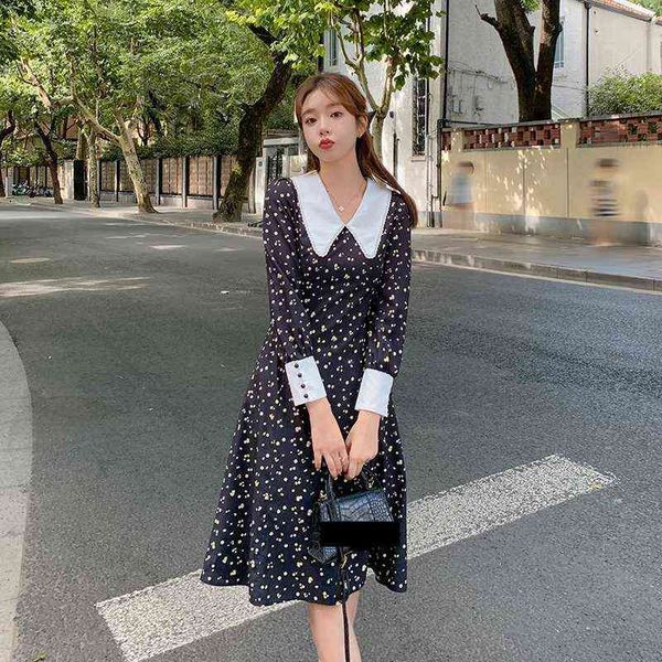 HebeEos 2021 Herbst Neue Frau Vintage Floral Print Kleid Schwarz Peter Pan Kragen Weibliche Chic Langarm Kleid Vestidos G1214