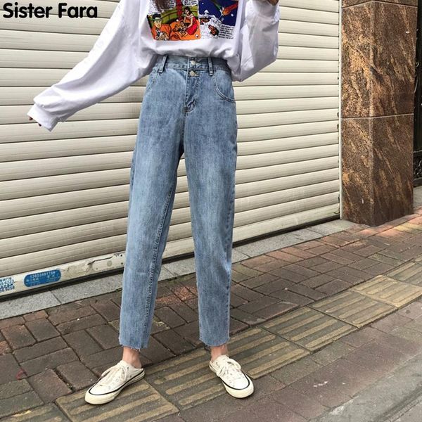 

sister fara spring 2021 thin straight denim jeans for women's pants high waist loose trousers female harem, Blue