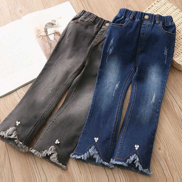 Primavera Outono Design 3 4-8 10 12 Anos Crianças Elásticas Calças Longas Lavadas Tassel Bebê Crianças Meninas Largura Denim Jeans 210529