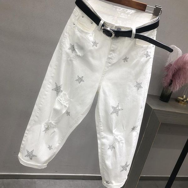 

women's jeans spring autumn korea fashion women white high waist vintage hole loose denim pants casual ankle-length harem 2021 ins, Blue