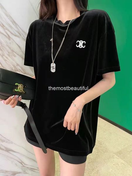 

women's t-shirt early spring ce home embroidery letter golden velvet thin loose round neck pullover short sleeve medium long t-shirt, White