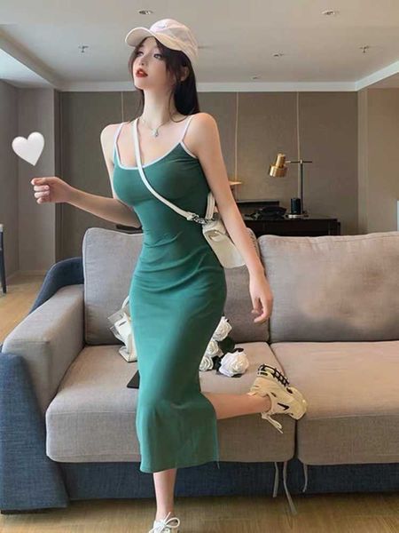 

y2k long bodycon dress with slit sleeveless midi women summer green sling high waist 210604, Black;gray