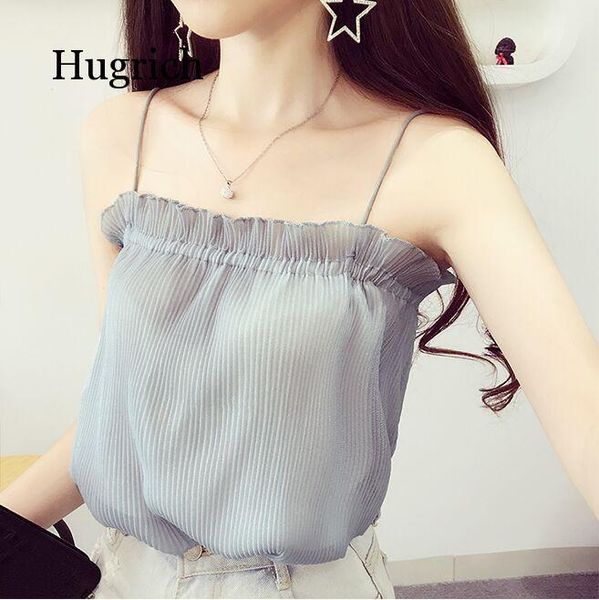 

women's tanks & camis summer girls ruffled slash neck pleated chiffon solid sleeveless shirts women spaghetti straps camisoles, White