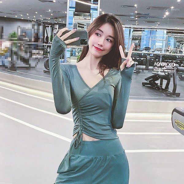 

spring summer women's yoga fitness sports long-sleeved slim slimming v-neck breathable running quick-drying t-shirt outfit