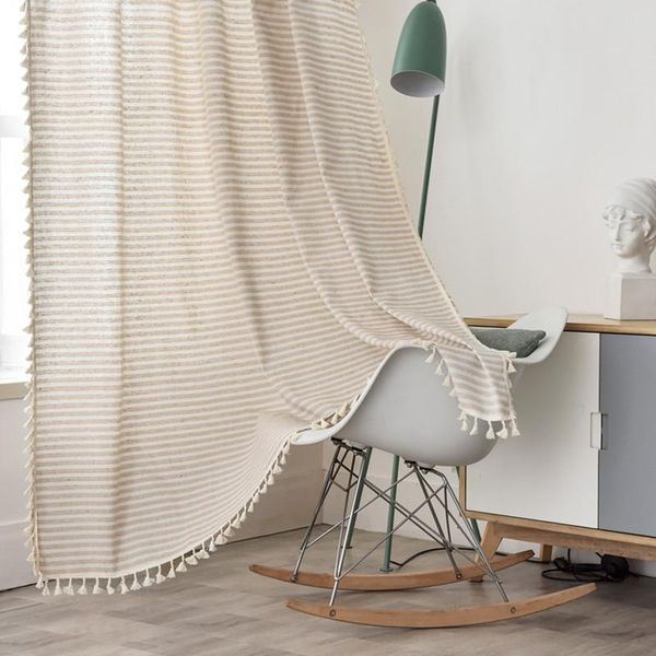

curtain & drapes cotton linen beige stripe tassel country style window hanging blackout curtains for living room easy drape