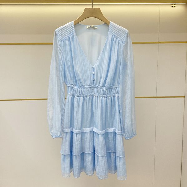 

dsigners fadan  family spring and summer vneck waist slim light blue pleated cake skirt dress women slim long sleeve skirt, White;black