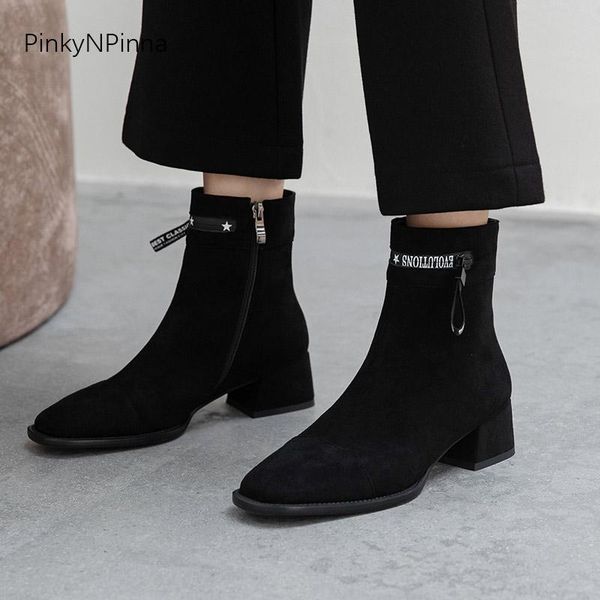 

boots 2021 winter classic women soft suede ankle plus size inside zip vintage chunky heels commuter office short booties, Black