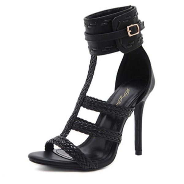 

dress shoes european and american star models hollow roman ultra-fine high heel sandals women's, Black