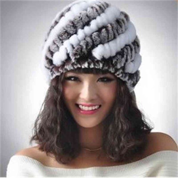 Gestrickte echte natürliche REX Kaninchenfellmütze Mütze Kopfbedeckung Kopfschmuck Damen wärmere Skullies Ganz kostenlos J49