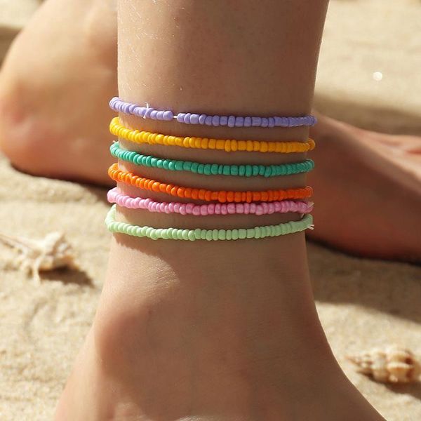 

anklets 6pcs/set bohe colorful beads for women elasticity foot jewelry summer beach barefoot bracelet ankle on leg, Red;blue