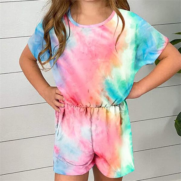 

jumpsuits summer kid baby girls short sleeve tie dye romper jumpsuit playsuits holiday casual kids overalls cotton clothes, Blue