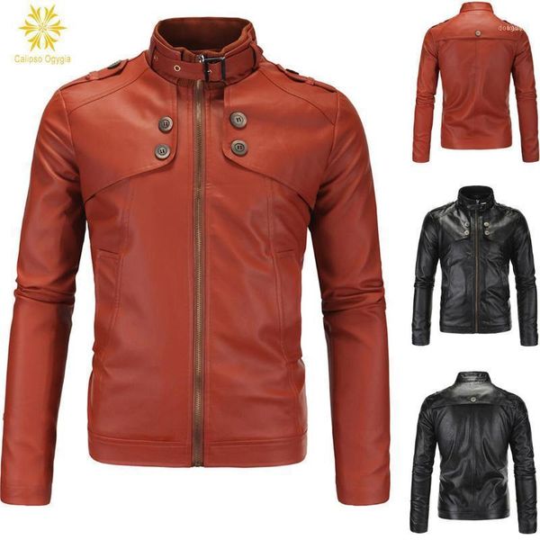 

fashion buttom striped men's slim stand collar short paragraph motorcycle faux leather jacket jackets for male coml591, Black