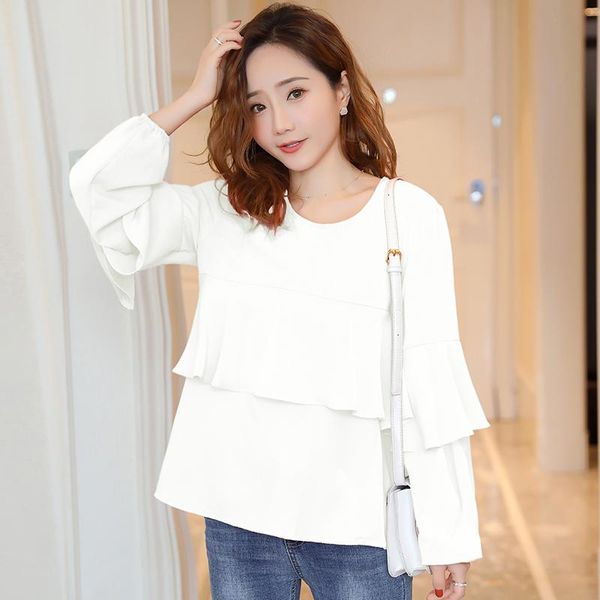 

maternity & tees breastfeeding clothes han fan wide pine thin round collar short chiffon shirt, White