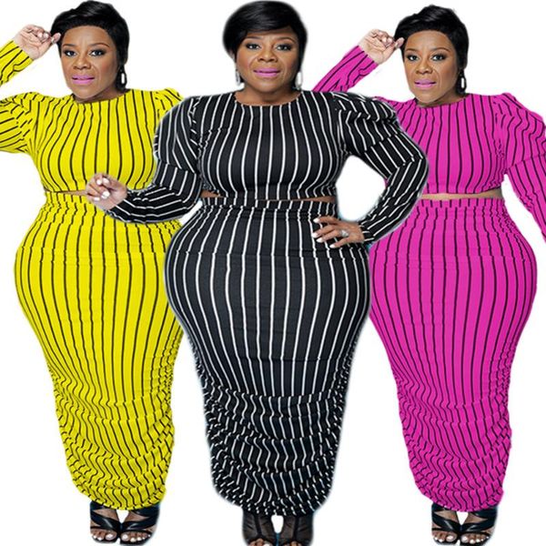 

plus size tracksuits women clothing skirts 2 piece set sets 4xl striped crop and draped maxi skirt fashion fall wholesale drop, Black