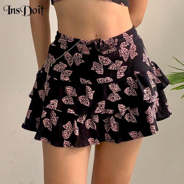 

skirts insdoit gothic print summer skirt women ruched streetwear punk high waist bandage mini grunge elegant short, Black
