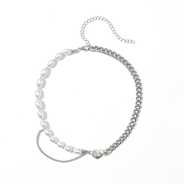 

chokers pearl stitching love diamond choker necklace female ins niche design cold wind clavicle chain gift jewelry, Golden;silver