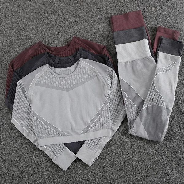 

yoga outfit 2pcs long sleeve gym clothing seamless sport set workout running leggings and breathable fitness suits hollow mesh