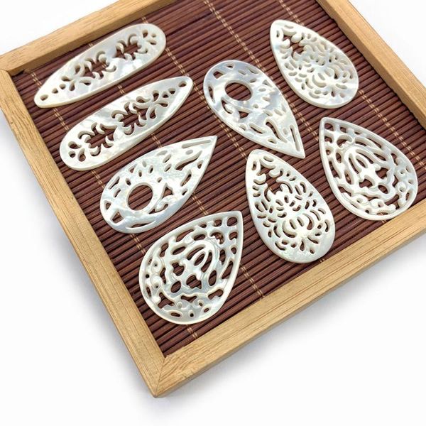 

charms natural sea shell pendant white drop shaped carved hollow artist making diy earrings necklace jewelry accessories charm, Bronze;silver