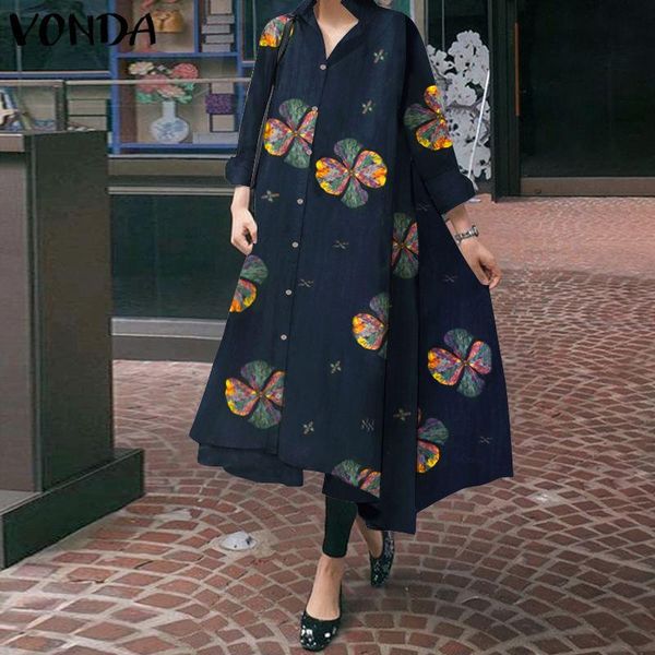 

casual dresses women'floral shirt dress button up asymmetric midi 2021 vonda oversized vestido floral printed long sleeve lapel, Black;gray