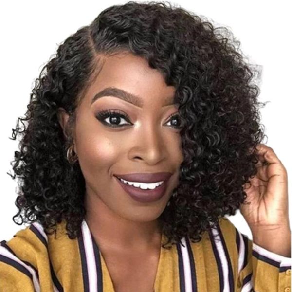 

lace wigs kinky curly wig t part front human hair short bob closure for black women brazilian vingin, Black;brown