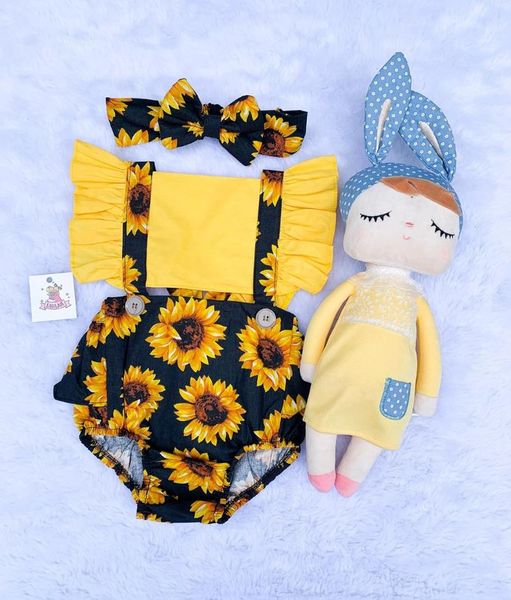 

0-24m infant baby girls boys sunflowers bodysuits ruffles sleeve print summer jumpsuits headband rompers, Blue