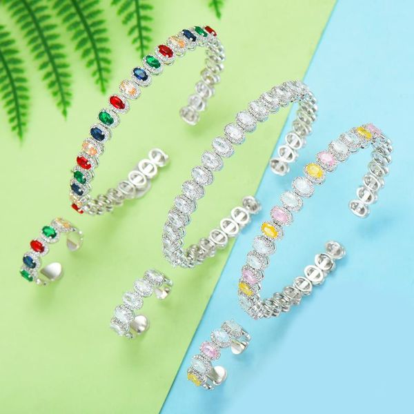 

earrings & necklace siscathy 2pcs multicolor crystal cubic zircon bangle/ring for women romantic elegant bridal dubai african wedding jewelr, Silver