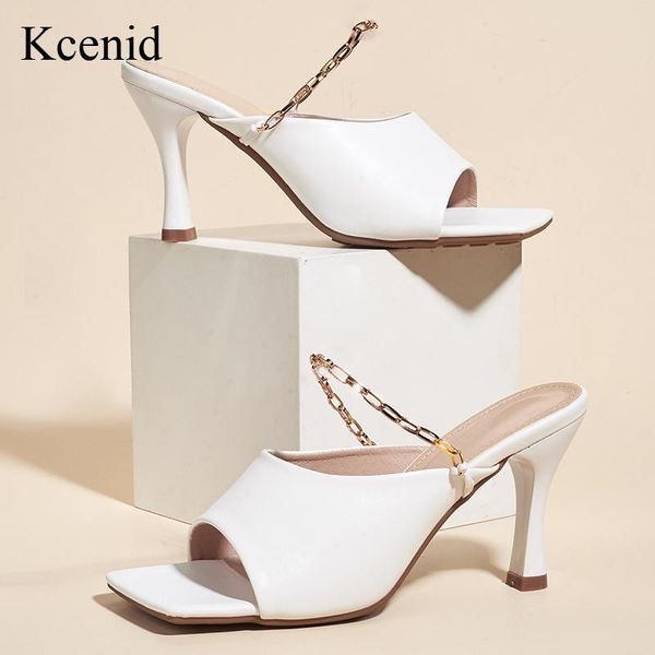 

kcenid cozy soft pu leather women slippers fashion metal chain design summer slides sandals heels ladies shoes, Black