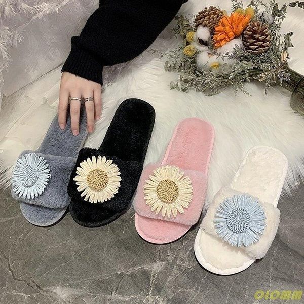 

solid color faux fur slides summer home furry flat sandals indoor slippers casual luxury fluffy flip flops, Black