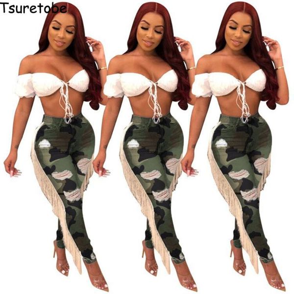 

women's pants & capris tsuretobe camouflage plus size ripped jeans women side tassel high waist ladies skinny denim pencil stretch trou, Black;white