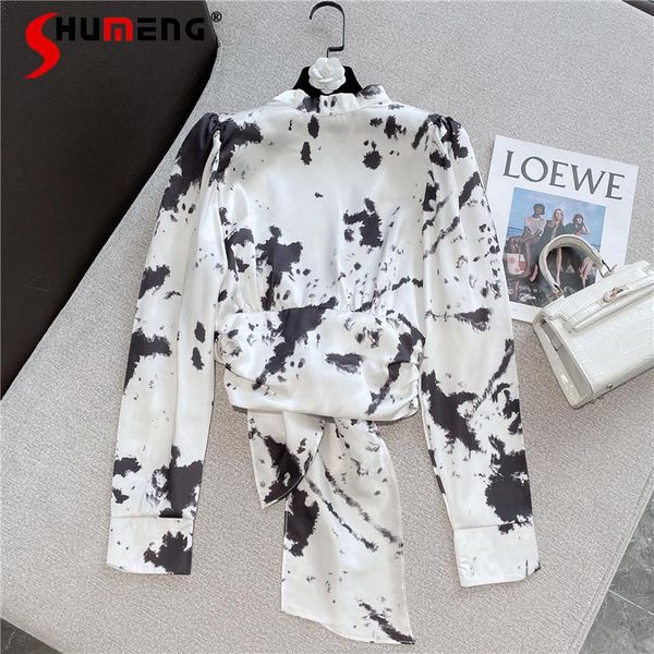 

women's blouses & shirts 2021 autumn and winter female retro chinese style blusas fashion backless lace-up puff sleeve printed shir, White