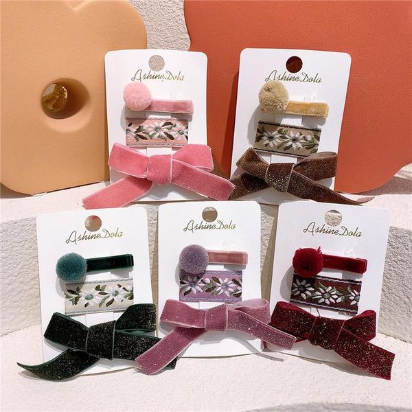 

hair accessories sweet girl fashion embroidered flowers bb clip autumn and winter children's cute hairball velvet bow duckbill headwear, Slivery;white