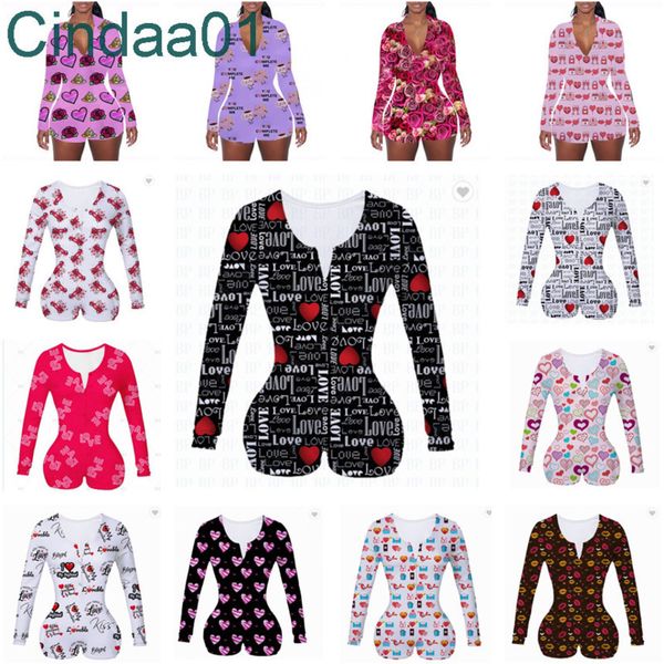 Frauen Jumpsuits Designer Valentinstag Onesies Pyjamas Slim Sexy V-Ausschnitt Buchstaben Muster Gedruckt Langarm Kurze Hosen 15 Farben