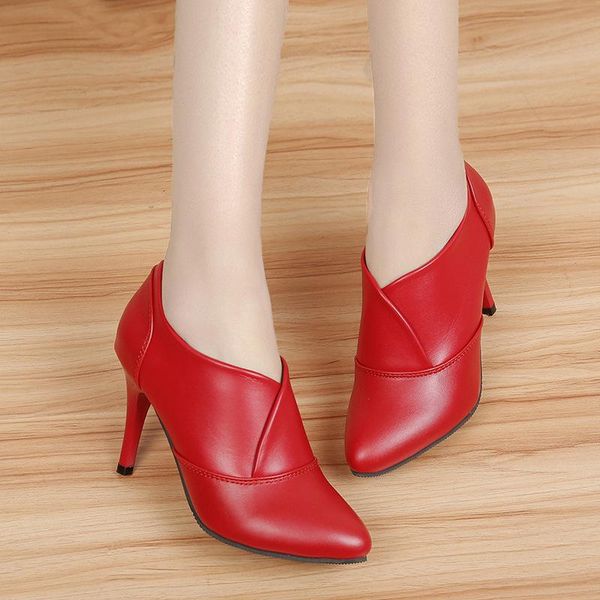 

boots 2021 spring autumn high-heeled pu leather women shoes female pointed toe high heel pumps woman ankle, Black