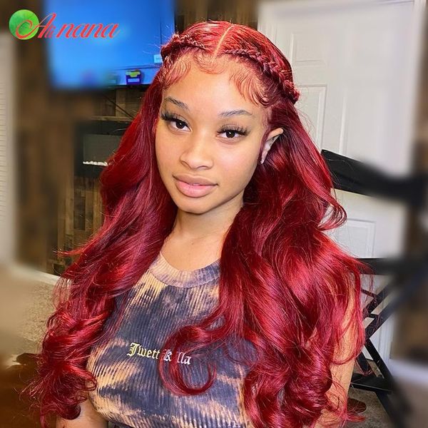 

lace wigs alinana malaysian transparent cherry red 99j colored front human hair pre plucked body wave frontal wig for women, Black;brown