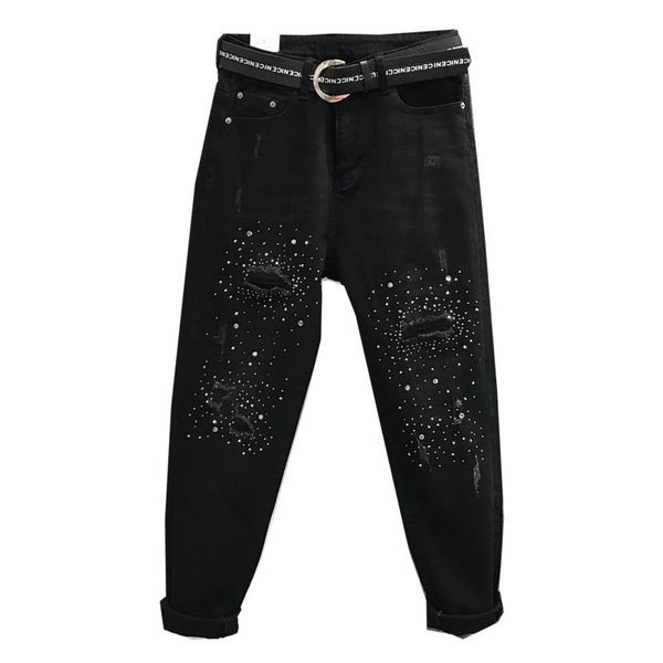 

women's jeans ashion rhinestones diamond high waist women denim pants hole casual loose harem plus size 26-31, Blue